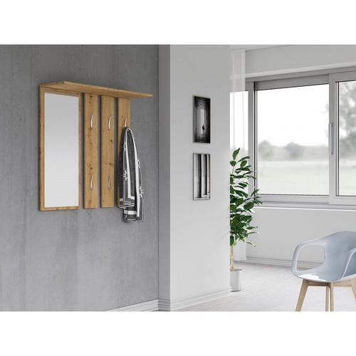 Reggy - Patère Mural + Grand Mirroir - 6 Corchets Doubles - Étagère - Meuble D'éntrée - 85x82x15cm - Chêne