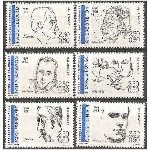 France 1991, Très Belle Série Complète Poètes Français - Timbres Yvert 2681 Eluard, 2682 Breton, 2683 Aragon, 2684 Ponge, 2685 Prévert Et 2686 René Char, Neufs** Luxe -