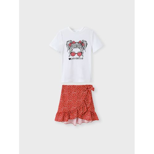 2pcs Kid Girl Figure Print Manches Courtes Top Et Polka Dots Ruffled Tie Side Wrap Skirt Set