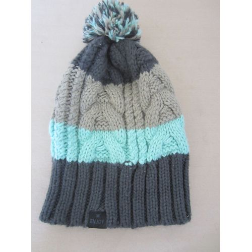 Bonnet Bleu, Marron Et Gris Avec Pompon