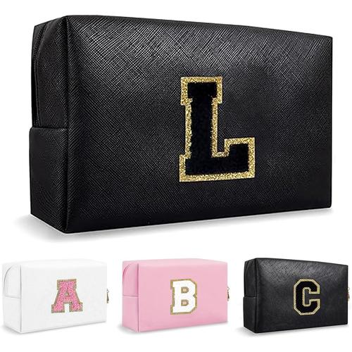 Noir Trousse de Maquillage,Sacs initiaux personnalisés avec Fermeture éclair,étanche Portable Trousse de Rangement Toilettepour Femmes,Sac à Cosmétiques en Cuir PU Pochette pour Filles (A-Z)