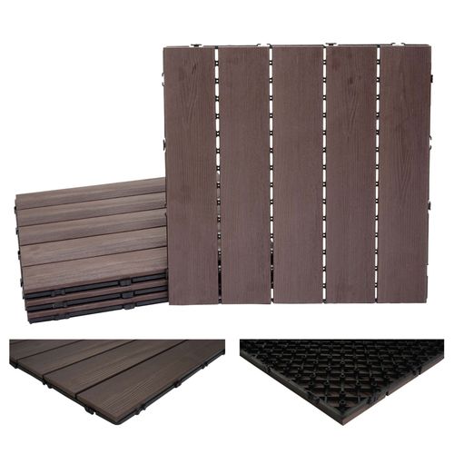 Carrelage En Wpc Hwc-E20, Aspect Bois Pour Balcon/Terrasse   4x Chaque 50x50cm = 1m², Gaufré Marron Foncé