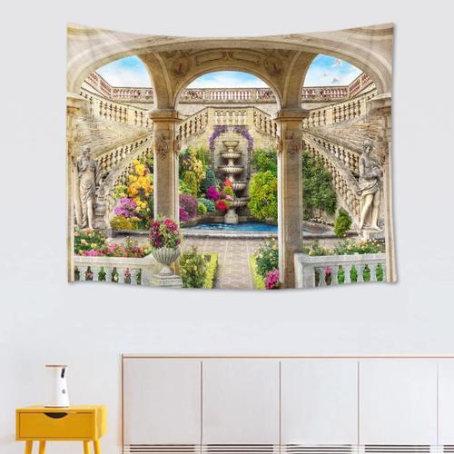 Tapisserie scandinave r¿¿tro architecture jardin d¿¿coration murale cour plante verte fleur d¿¿coration murale int¿¿rieur art mural cadeau de pendaison de cr¿¿maill¿¿re affiche en tissu...