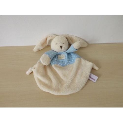 Doudou Lapin Blanc Bleu Pommette