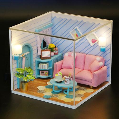 Maison de Poupée En Bois Diy Miniature Dollhouse Kit Bleu-blanc de Noël Cottage Ideal Cadeau de Noël Décoration pour enfants 