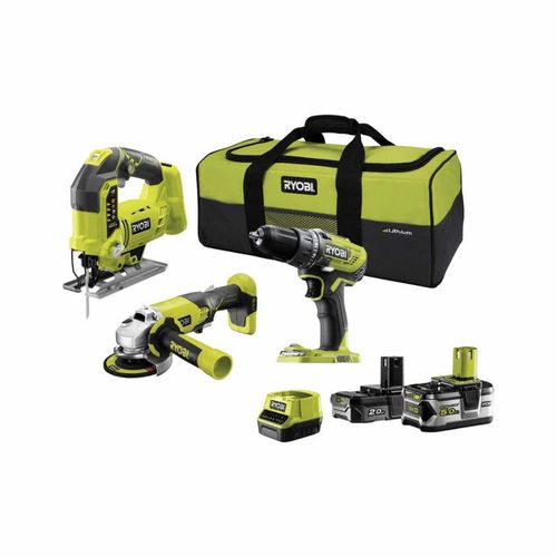 Pack RYOBI 18V One+ - Perceuse-visseuse - Meuleuse - Scie sauteuse pendulaire - 2 batteries - 1 chargeur rapide R18CK3C-252SL