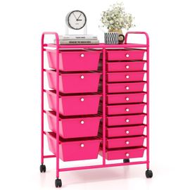 Costway Tour De Rangement À Roulettes - 15 Tiroirs Amovibles, 63 X 37 X 87 Cm, Format A4 Et Et Lettre Rose Fluorescent