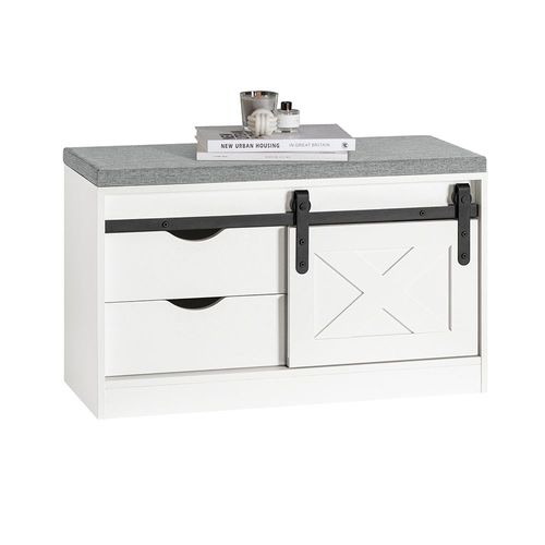 Sobuy Banc À Chaussures, Meuble D'entrée, Banc De Rangement, Meuble À Chaussures Avec Coussin Rembourré, 2 Tiroir, 2 Étagères Et Porte De Grange, 80 X 30 X 49 Cm, Fsr153-W