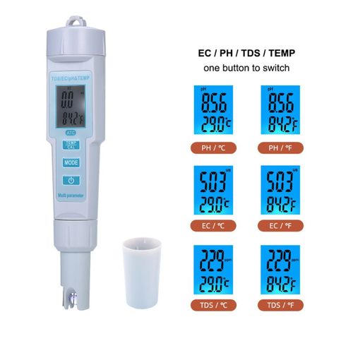 Testeur De Qualité De L'eau 4 En 1,, Ph/Ec/Tds, Compteur De Température, Étanche Ip55, Arrêt Automatique, Affichage Rétroéclairé, Blanc Ph-686