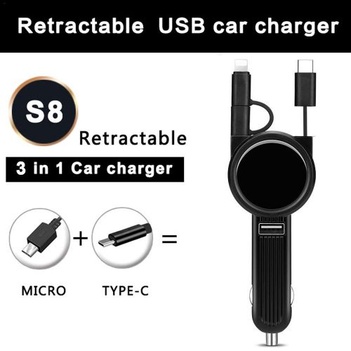 Chargeur De Voiture Télescopique 3 En 1 De Type C Micro Usb, Adaptateur De Câble Multifonctionnel Avec Connecteurs De Port Pour Téléphones Portables Et Tablettes