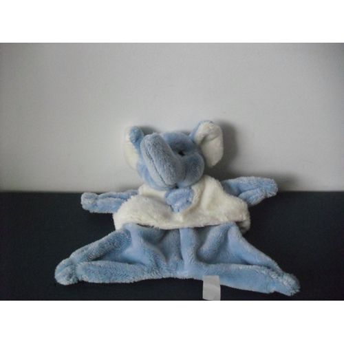 Doudou Peluche Plat Eléphant Bleu Haut Ecru Coeur Bleu Maxita