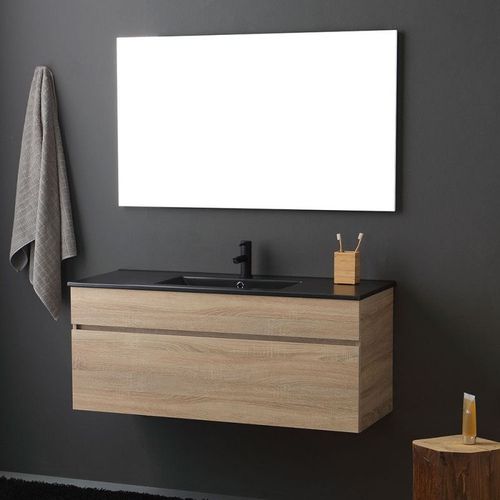 Meuble De Salle De Bain Cm120 En Chêne Aspect Bois Avec Lavabo Noir Mat Et Miroir Sole