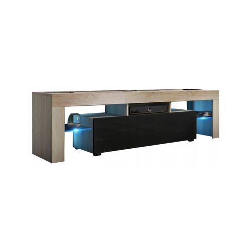 Meuble Tv Spider À Led En Chêne Mat Avec Porte Noir Laqué 160 Cm