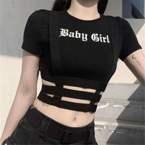 Expédié De France Top Pull Sweat T Shirt Ruban Haut Débardeur Lanière Baby Girl Noir Moulant Femme Fille Goth Gothique