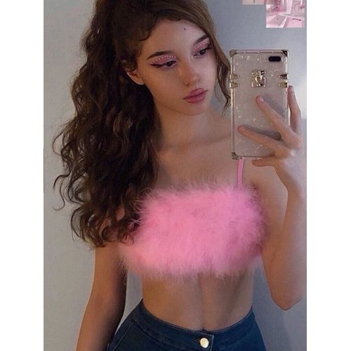 Haut Court En Plumes Roses Pour Femmes,Bretelles Spaghetti,Mode Sexy,Camisole,Club De Fête,Streetwear,2021