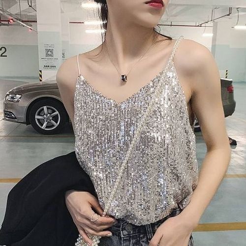 Chemise Courte À Paillettes Scintillantes Pour Femmes,Col En V,Glaçure,Sexy,Été,2021