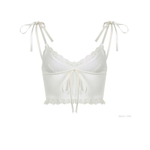 Haut Court En Dentelle Y2k,Avec N?ud Blanc,Esthétique,Mignon,Mini Gilet Tricoté,Basique,Décontracté,Pour La Plage,Été