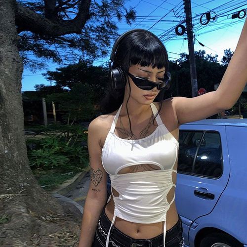 Y2k Sexy Dos Nu Été Top Femmes Évider 2022 Blanc Sans Manches Bandage Licou Débardeurs Streetwear Cami 90s