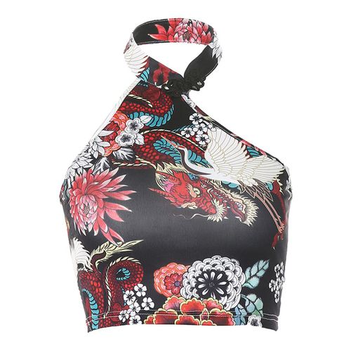 Noeud Chinois Imprimé Dragon Dos Nu Irrégulier Pour Femmes,Licou Des Années 2000,Manteaux Hasaki,Style Cheongsam,Bustier D'été Sexy,Haut Court,Précieux,Y2k