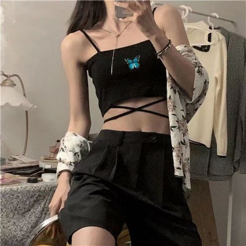 Haut Tubulaire Court Pour Femmes,Débardeur Sexy,Corset,Slim,Imprimé,Bandage Croisé,Gilet Sans Manches,Été