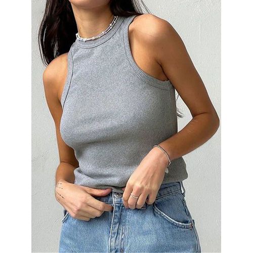 Débardeur Côtelé À Col Tricoté Pour Femmes,Marron,Décontracté,Sport,Épaules Nues,Été