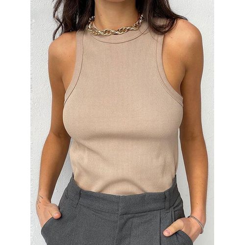 Débardeur Côtelé À Col Tricoté Pour Femmes,Marron,Décontracté,Sport,Épaules Nues,Été