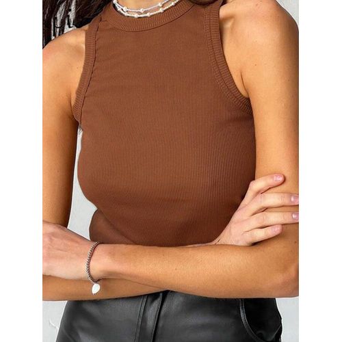 Débardeur Côtelé À Col Tricoté Pour Femmes,Marron,Décontracté,Sport,Épaules Nues,Été