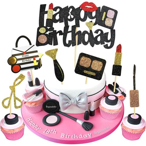 Coloré Coloré Happy Birthday Lady Fille Or Noir Rouge à lèvres Décoration de gateau Maquillage Décoration de gateau Cupcake Toppers