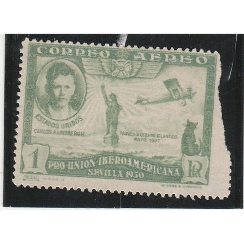 1 Timbre D'espagne - Poste Aérienne - Clôture De L'exposition De Séville - 1 P Vert Lindbergh