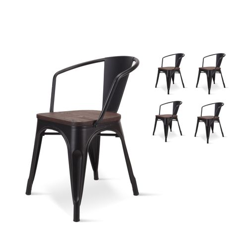 Kosmi - Lot De 4 Chaises En Métal Noir Et Bois Foncé Style Industriel Factory En Métal Noir Mat, Assise En Bois Foncé Et Accoudoirs