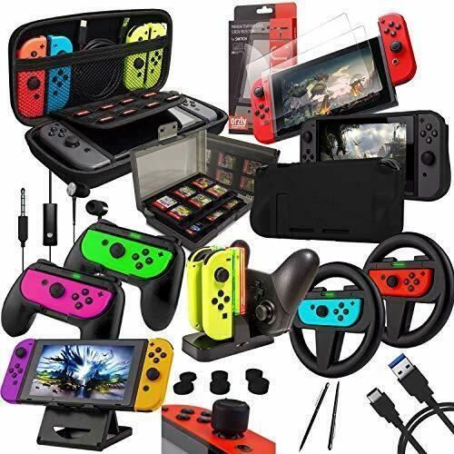 Orzly Geek Accessoires Pack Pour Nintendo Switch: Housse & Protection Écran, Volants & Grips Joy-Con, Dock Chargeur Pour Les Manettes & Console Switch, Et Plus D' Accessoires. [Noir]