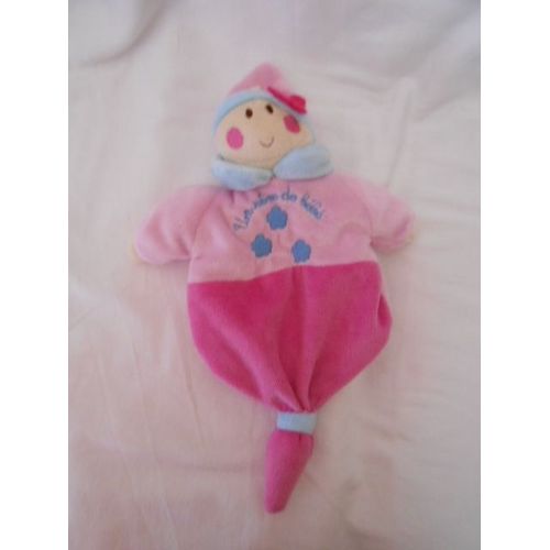 Lutin Doudou Plat Poupée Rose Fushia Bleu Beige Marionnette Brodé Nuage Un Rêve De Bébé Cmp