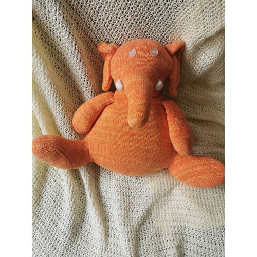 Doudou Peluche Elephant Orange Assis Maille Chenille Yeux Bouton Sia