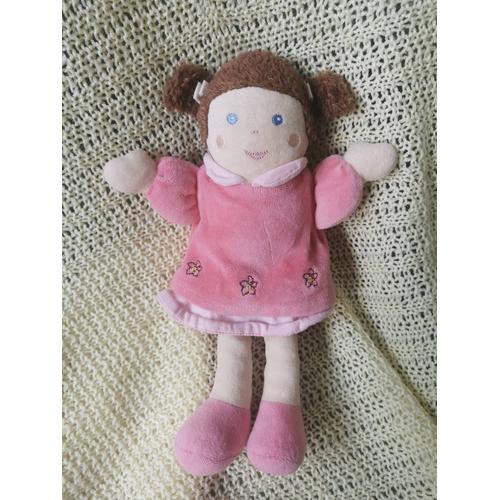 Doudou Fillette Poupée Chiffon Couettes Rose Robe Brodée Fleurs Nounours