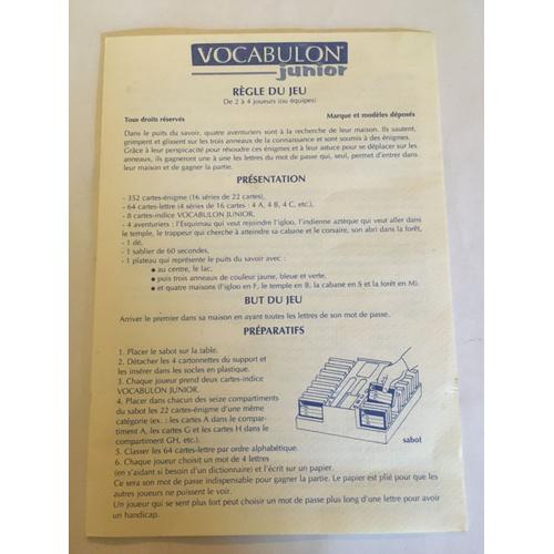 Notice Pour Le Jeu Vocabulon Junior Megableu 1996