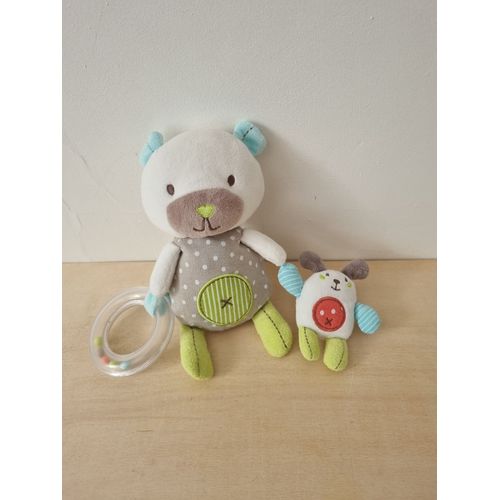 Doudou Ours Blanc Vert Gris Anneau Bébé Pommette