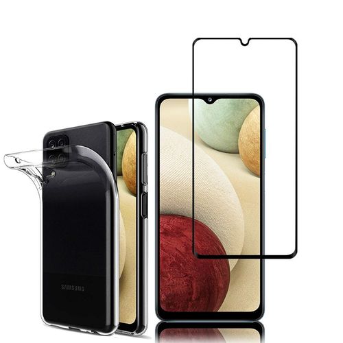 Coque Silicone Pour Samsung Galaxy A12 6.5" Gel Ultraslim Et Ajustement Parfait - Transparent + 1 Film Verre Trempé - Noir
