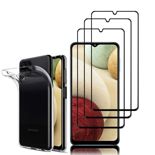 Coque Silicone Pour Samsung Galaxy A12 6.5" Gel Ultraslim Et Ajustement Parfait - Transparent + 3 Films Verre Trempé - Noir