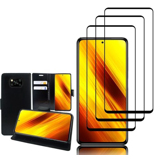 Etui Portefeuille Pour Xiaomi Poco X3 Nfc/ Poco X3 6.67" Support Video Cuir Pu - Noir + 3 Films Verre Trempé - Noir