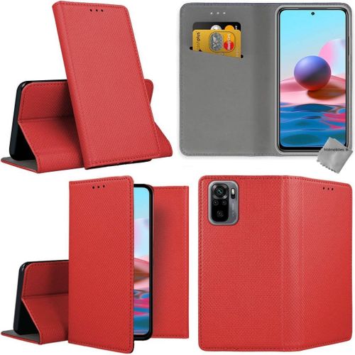 Housse Etui Coque Pochette Portefeuille Pour Xiaomi Redmi Note 10 4g + Verre Trempe - Rouge Magnet