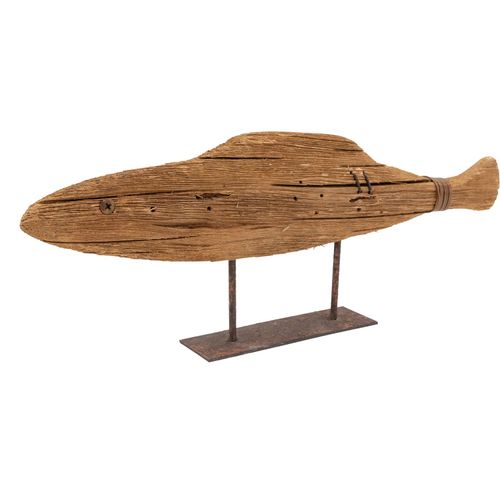 Poisson sur pied en bois recyclé et métal Petit modèle