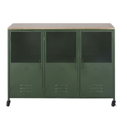 Buffet Style Industriel 3 Portes En Bois De Sapin Et Métal Vert À Roulettes