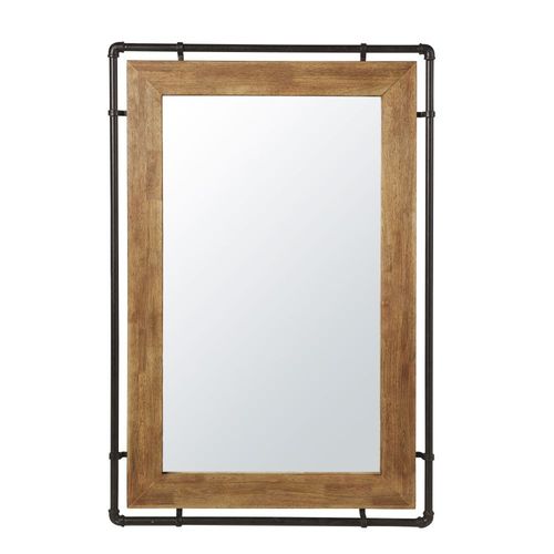 Miroir rectangulaire industriel en bois d'hévéa et métal noir 80x120