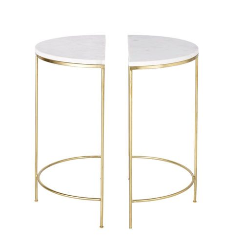 2 Tables De Chevet En Métal Doré Et Marbre Blanc