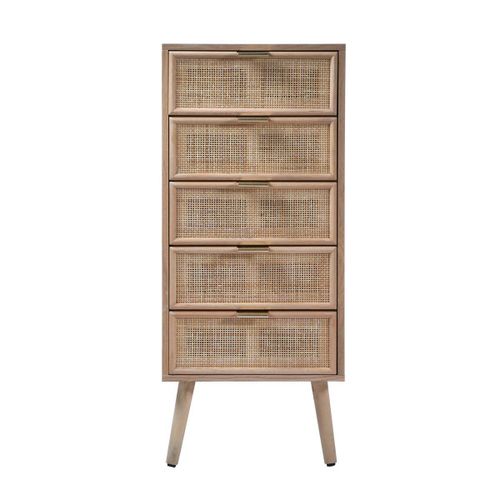 Chiffonnier 5 Tiroirs Façades En Rotin Naturel - L37 X H100 Cm