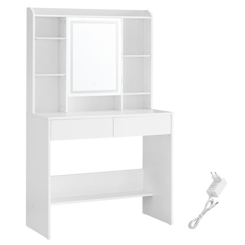 Coiffeuse Avec Miroir Étagère De Rangement 2 Tiroirs Blanc