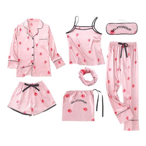 Sangle Pyjama Pyjama Femme 7 Pièces Pyjama Rose Ensembles Satin Soie Lingerie Homewear Pyjama Pyjama Set Pyjama pour Femme 