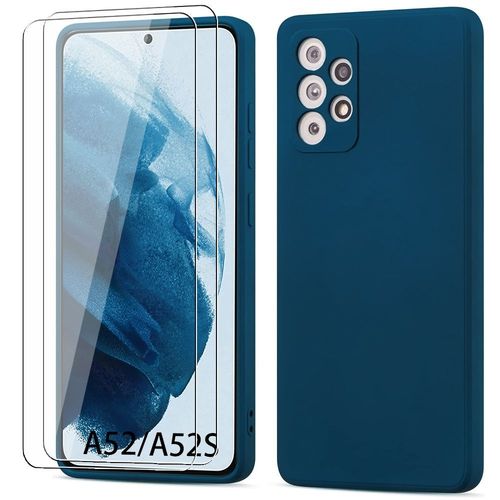 Coque Silicone Pour Samsung Galaxy A52 4g/5g A52s 5g, Protection Bleu Marine Effet Mat Antichoc + 2 Verres Trempés - E.F.Connection