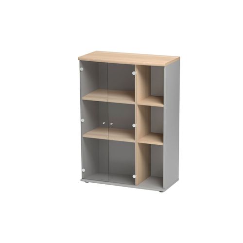 Rangement Haut 2 Portes Vitrées Et Étagères - Gris Et Marron Clair