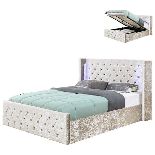 Lit Velours Coffre Led Grand Tête De Lit Osmos - Velours Beige - 180x200